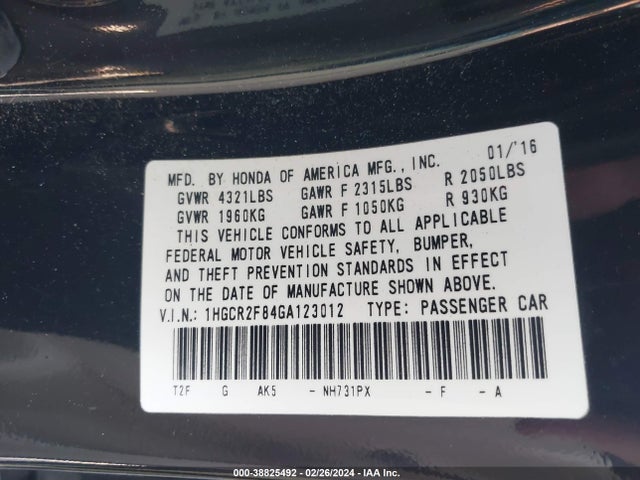 Honda Accord Ex-l 2016 1HGCR2F84GA123012 Image 9