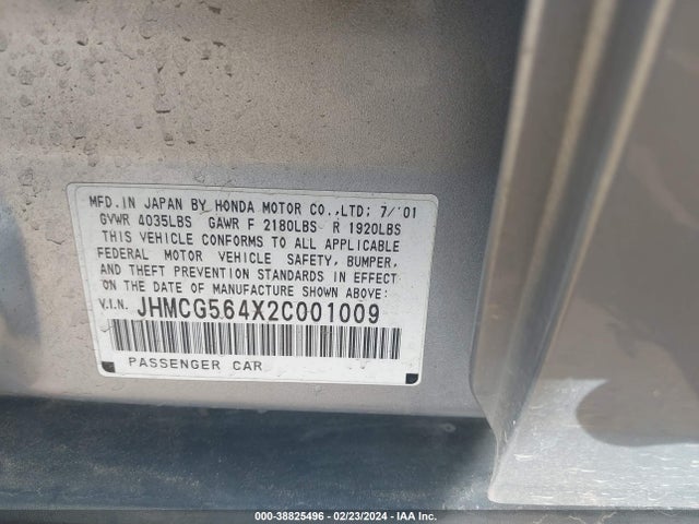2002 HONDA ACCORD 2.3 LX VIN: JHMCG564X2C001009