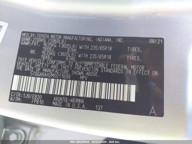 Toyota Highlander Hybrid Xle 2021 5TDGARAH2MS011699 Image 9
