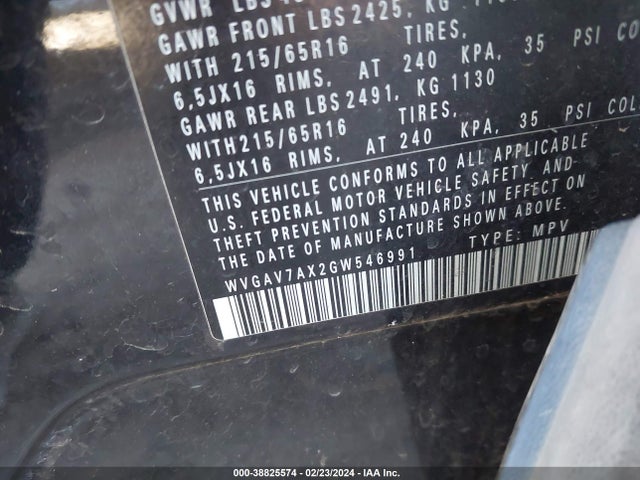 WVGAV7AX2GW546991 Volkswagen TIGUAN S