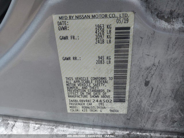 Nissan Altima 2.5 S 2019 1N4BL4BV4KC244502 Image 9
