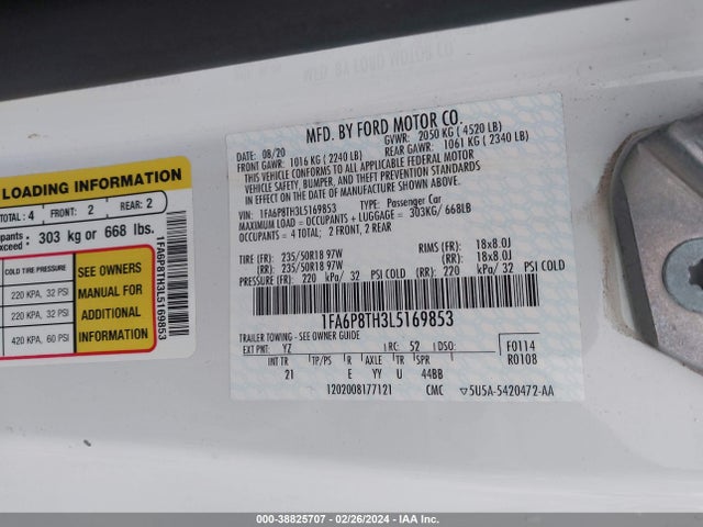 Ford Mustang Ecoboost Fastback 2020 1FA6P8TH3L5169853 Image 9