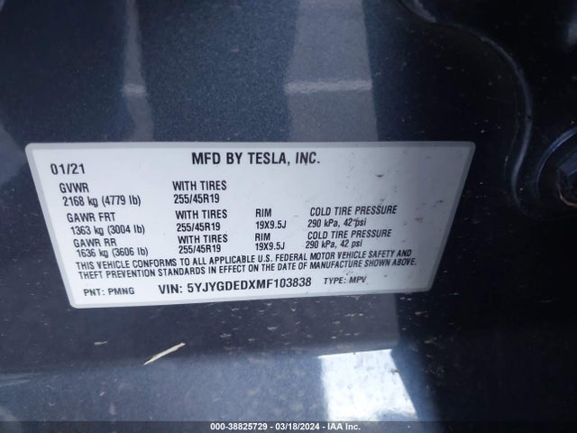 5YJYGDEDXMF103838 Tesla Model Y Standard Range Rear-wheel Drive