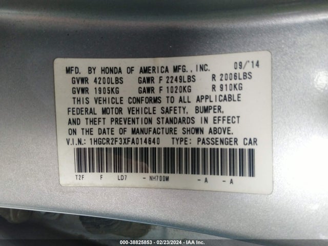 Honda ACCORD LX 2015 1HGCR2F3XFA014640 Image 9