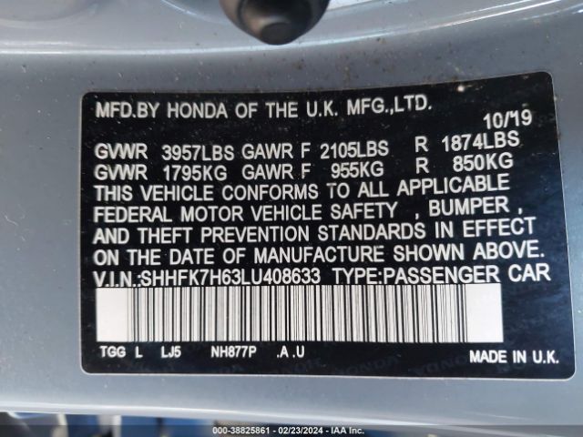 SHHFK7H63LU408633 Honda CIVIC EX