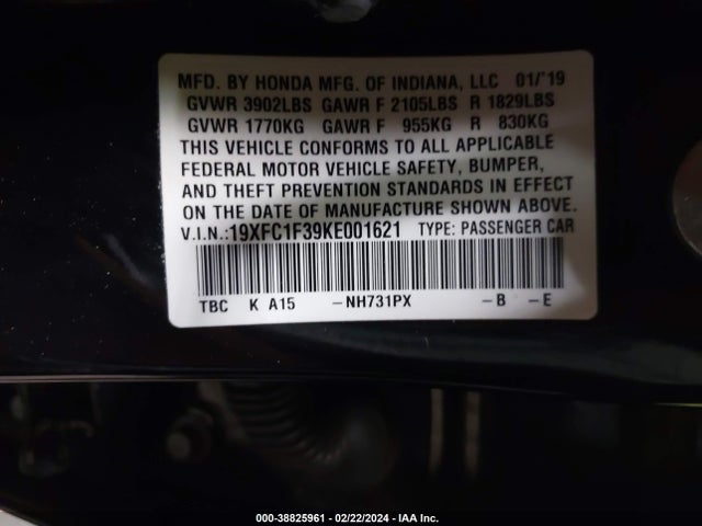 Honda CIVIC EX 2019 19XFC1F39KE001621 Image 9