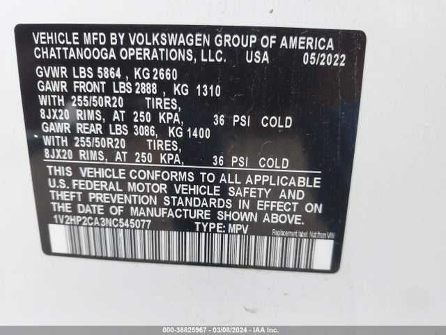 1V2HP2CA3NC545077 Volkswagen Atlas 2.0t Se W/technology