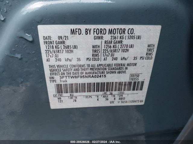 3FTTW8F95NRA02415 Ford Maverick Xlt