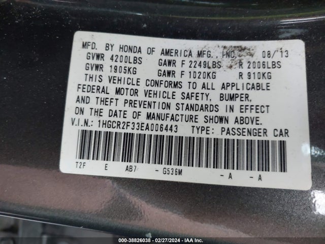 Honda ACCORD LX 2014 1HGCR2F33EA006443 Image 9