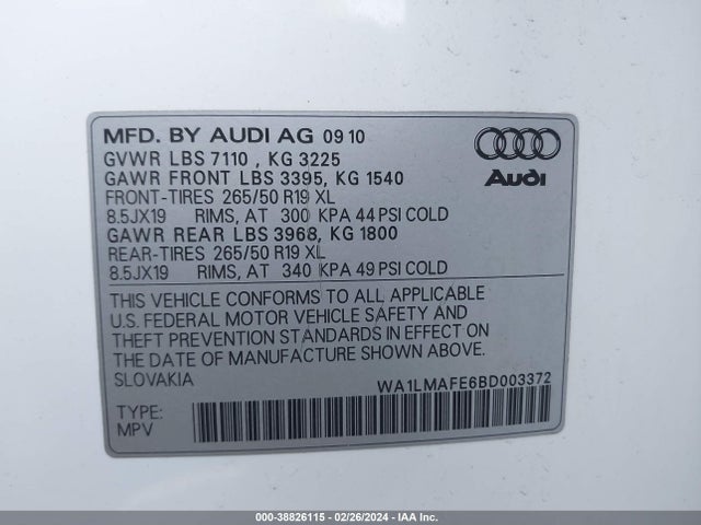Aukcja sprzedaży 2011 Audi Q7 3.0 Tdi Premium, vin: WA1LMAFE6BD003372, numer aukcji: 38826115