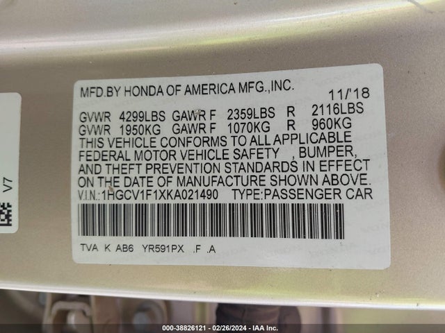 Honda ACCORD LX 2019 1HGCV1F1XKA021490 Image 9