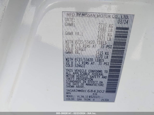 Nissan Pathfinder Platinum 2014 5N1AR2MM8EC684302 Image 9