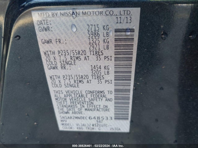 Nissan Pathfinder Platinum 2014 5N1AR2MN0EC648533 Image 9