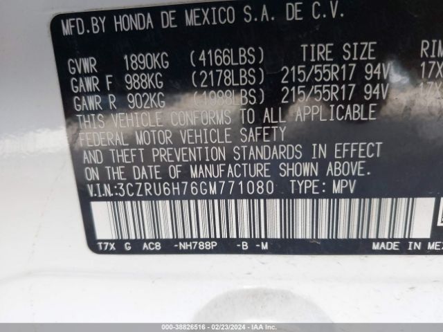 3CZRU6H76GM771080 Honda Hr-v Ex-l