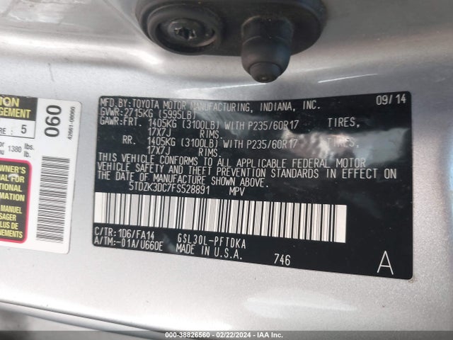 Toyota Sienna L 7 Passenger 2015 5TDZK3DC7FS528891 Image 9