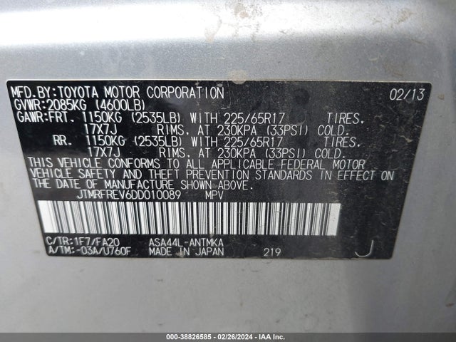 2013 TOYOTA RAV4 XLE VIN: JTMRFREV6DD010089