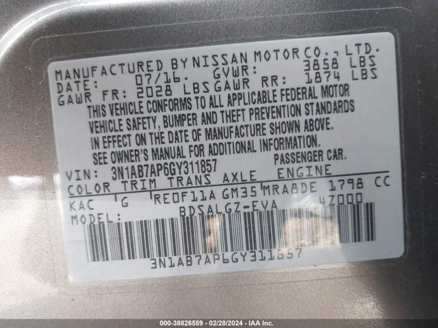 Nissan SENTRA SL 2016 3N1AB7AP6GY311857 Image 9