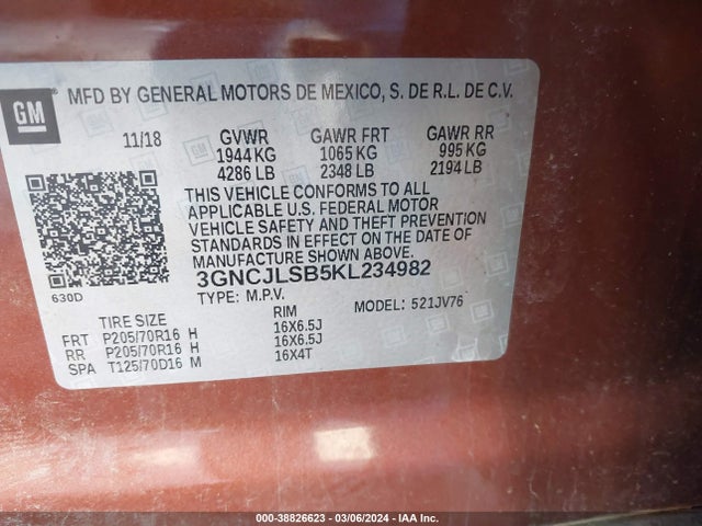 Chevrolet Trax Lt 2019 3GNCJLSB5KL234982 Image 9