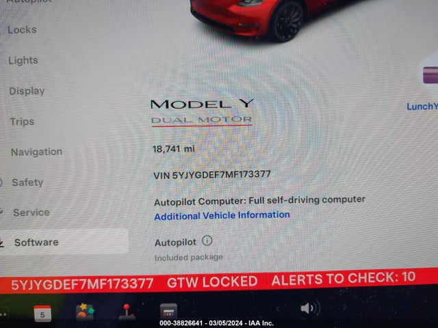 2021 Tesla Model Y Performance Dual Motor All-wheel Drive მანქანა იყიდება აუქციონზე, vin: 5YJYGDEF7MF173377, აუქციონის ნომერი: 38826641
