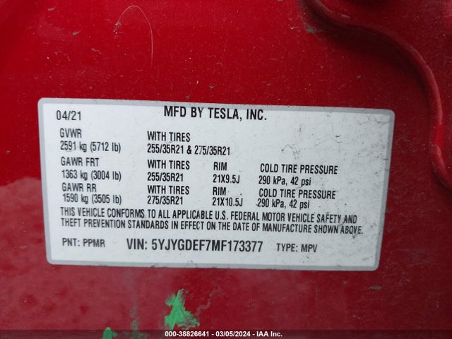 2021 Tesla Model Y Performance Dual Motor All-wheel Drive მანქანა იყიდება აუქციონზე, vin: 5YJYGDEF7MF173377, აუქციონის ნომერი: 38826641