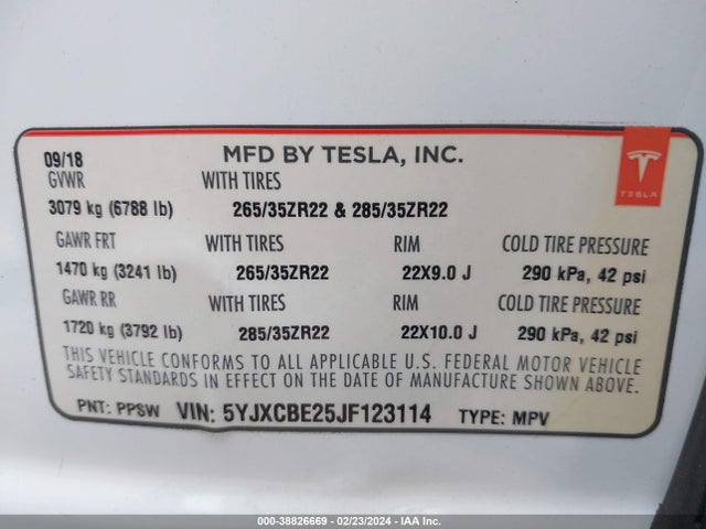 5YJXCBE25JF123114 Tesla Model X 100d/75d/p100d