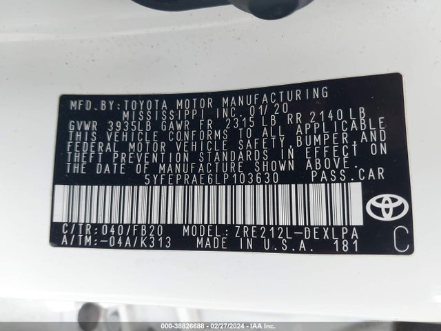 Toyota COROLLA LE 2020 5YFEPRAE6LP103630 Image 9