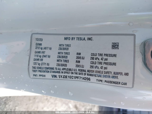 5YJ3E1EC1PF714206 Tesla Model 3 Performance Dual Motor All-wheel Drive