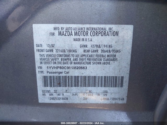 Продажа на аукционе авто 2008 Mazda Mazda6 I Sport Ve, vin: 1YVHP80C985M20663, номер лота: 38826907
