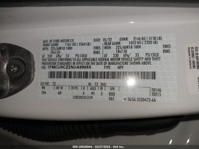 1FMCU9CZ2NUA98685 Ford Escape Sel Hybrid