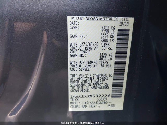 Nissan TITAN SV 2019 1N6AA1E51KN532226 Image 9