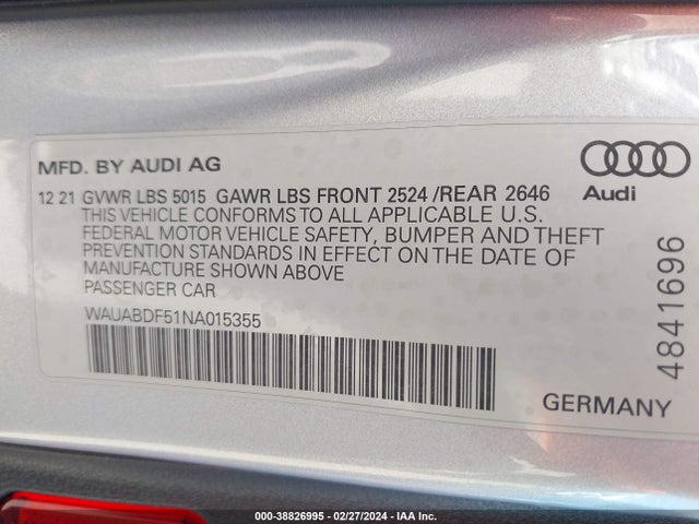 WAUABDF51NA015355 Audi A5 Sportback Premium 40 Tfsi Quattro S Tronic