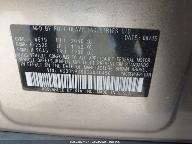Subaru Legacy 2.5i Premium 2016 4S3BNBD60G3010458 Image 9