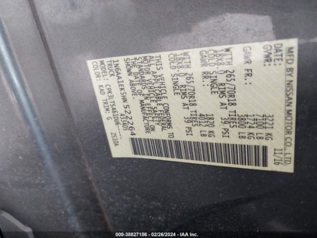 1N6AA1EK5HN522264 Nissan TITAN SV