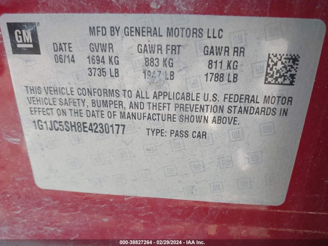 Chevrolet Sonic Lt Auto 2014 1G1JC5SH8E4230177 Image 9