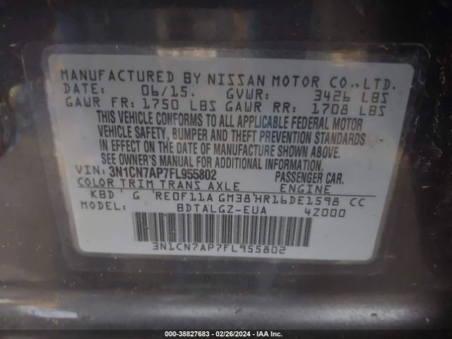 3N1CN7AP7FL955802 Nissan Versa 1.6 Sl