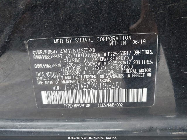 JF2GTAEC2KH355451 Subaru Crosstrek 2.0i Premium