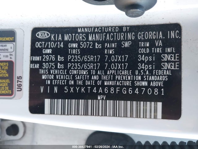 KIA SORENTO LX 2015 5XYKT4A68FG647081 Image 9