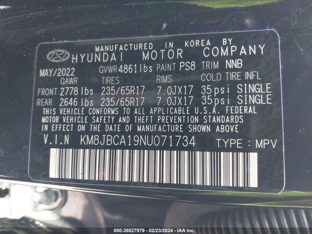 KM8JBCA19NU071734 Hyundai Tucson Hybrid Blue