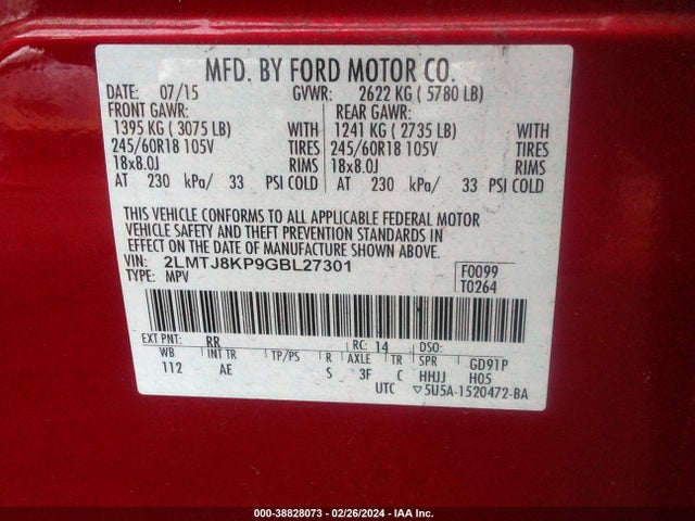 2LMTJ8KP9GBL27301 Lincoln Mkx Select