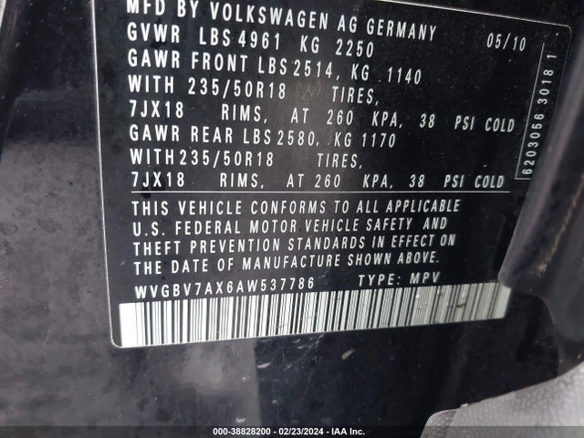 2010 VOLKSWAGEN TIGUAN SEL VIN: WVGBV7AX6AW537786
