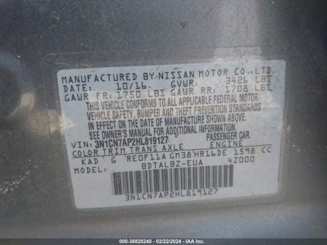 3N1CN7AP2HL819127 Nissan Versa 1.6 Sv