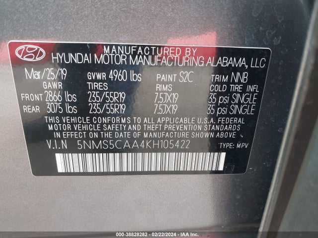 Hyundai Santa Fe Limited 2.0t 2019 5NMS5CAA4KH105422 Image 9