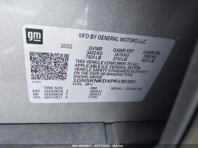 1GNSKNKDXPR190385 Chevrolet Tahoe 4wd Lt