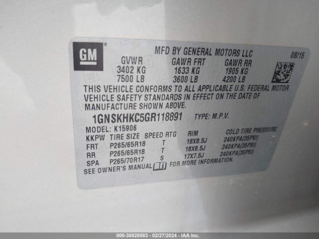 1GNSKHKC5GR118891 Chevrolet Suburban Lt