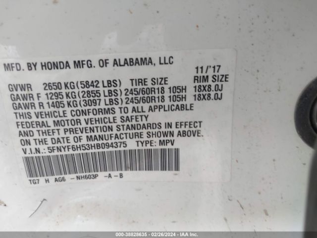 5FNYF6H53HB094375 Honda Pilot Ex-l