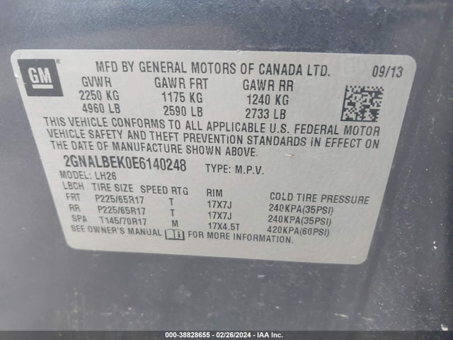 Chevrolet EQUINOX 1LT 2014 2GNALBEK0E6140248 Image 9