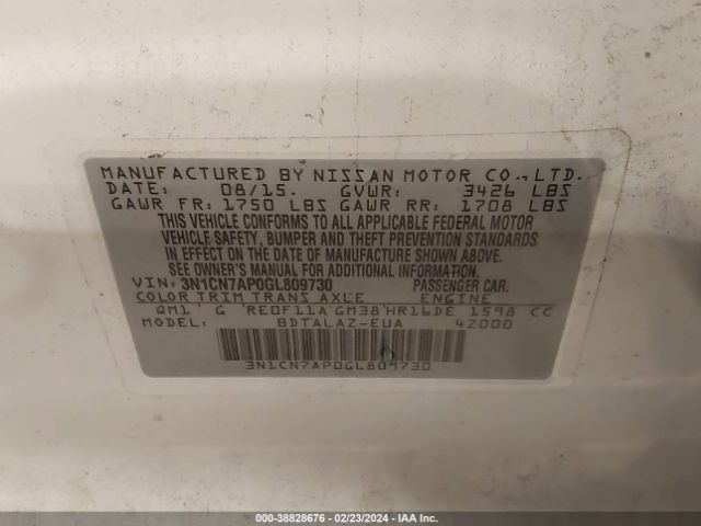 3N1CN7AP0GL809730 Nissan Versa 1.6 S/1.6 S+/1.6 Sl/1.6 Sv
