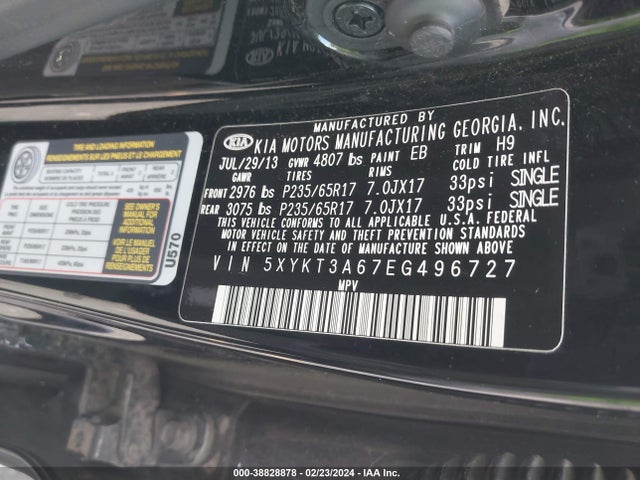 KIA SORENTO LX 2014 5XYKT3A67EG496727 Image 9