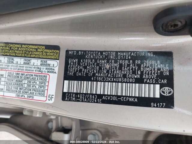 2004 TOYOTA CAMRY LE VIN: 4T1BE32KX4U858080
