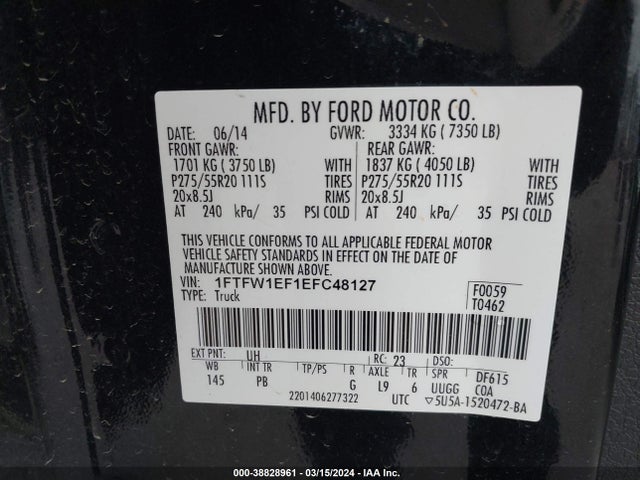 Ford F-150 Platinum 2014 1FTFW1EF1EFC48127 Image 9